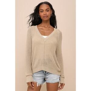 Lulus Casually Yours Beige Loose Knit Long Sleeve Sweater Top - Size S